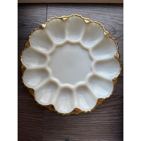 The Unbranded Brand Other - Vintage Milk Glass Egg Plate Gold Trimmed Scalloped Edge 12 Dessert Serving Dish